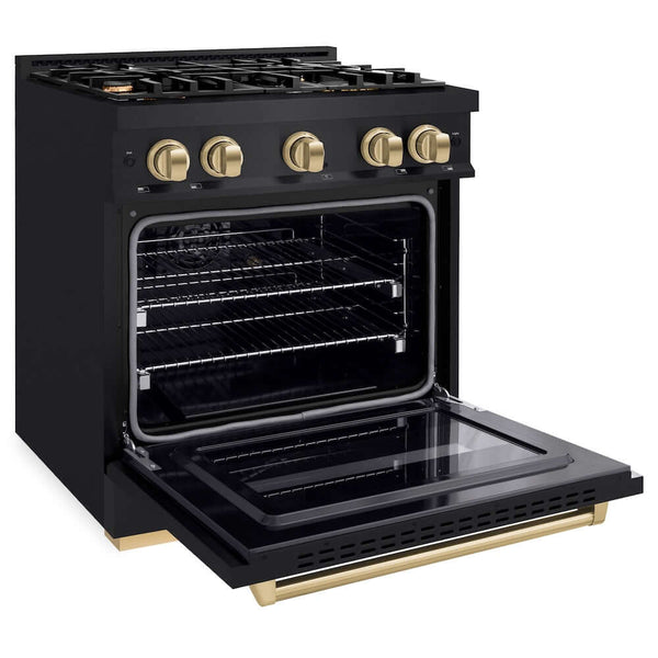 ZLINE Autograph Edition 30 in. 4.2 cu. ft. Classic Gas Range with 4 Burner Cooktop and Convection Gas Oven in Black Stainless Steel and Champagne Bronze Accents, Open Box-Good Condition
