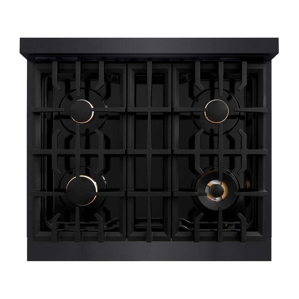 ZLINE Autograph Edition 30 in. 4.2 cu. ft. Classic Gas Range with 4 Burner Cooktop and Convection Gas Oven in Black Stainless Steel and Champagne Bronze Accents, Open Box-Good Condition