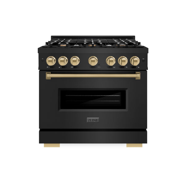 ZLINE Autograph Edition 36 in. 5.2 cu. ft. Classic Gas Range with 6 Burner Cooktop and Convection Gas Oven in Black Stainless Steel and Champagne Bronze Accents, Open Box-Great Condition