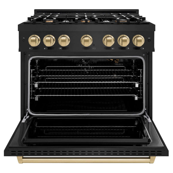 ZLINE Autograph Edition 36 in. 5.2 cu. ft. Classic Gas Range with 6 Burner Cooktop and Convection Gas Oven in Black Stainless Steel and Champagne Bronze Accents, Open Box-Good Condition