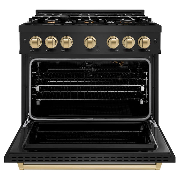 ZLINE Autograph Edition 36 in. 5.2 cu. ft. Classic Gas Range with 6 Burner Cooktop and Convection Gas Oven in Black Stainless Steel and Champagne Bronze Accents, Open Box-Great Condition