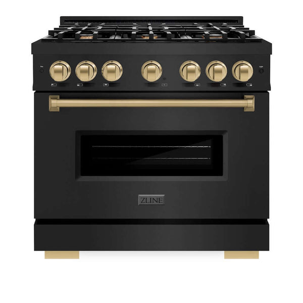 ZLINE Autograph Edition 36 in. 5.2 cu. ft. Classic Gas Range with 6 Burner Cooktop and Convection Gas Oven in Black Stainless Steel and Champagne Bronze Accents, Open Box-Good Condition