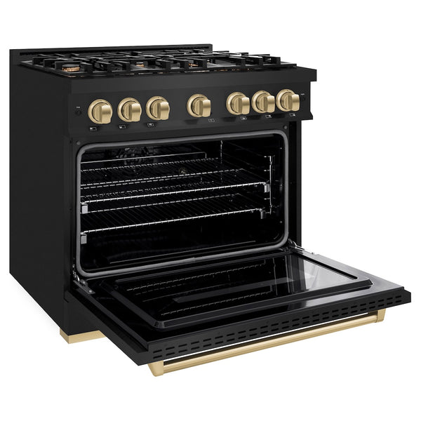 ZLINE Autograph Edition 36 in. 5.2 cu. ft. Classic Gas Range with 6 Burner Cooktop and Convection Gas Oven in Black Stainless Steel and Champagne Bronze Accents, Open Box-Great Condition