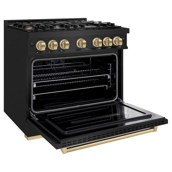 ZLINE Autograph Edition 36 in. 5.2 cu. ft. Classic Gas Range with 6 Burner Cooktop and Convection Gas Oven in Black Stainless Steel and Champagne Bronze Accents, Open Box-Good Condition