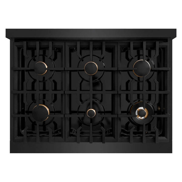 ZLINE Autograph Edition 36 in. 5.2 cu. ft. Classic Gas Range with 6 Burner Cooktop and Convection Gas Oven in Black Stainless Steel and Champagne Bronze Accents, Open Box-Good Condition