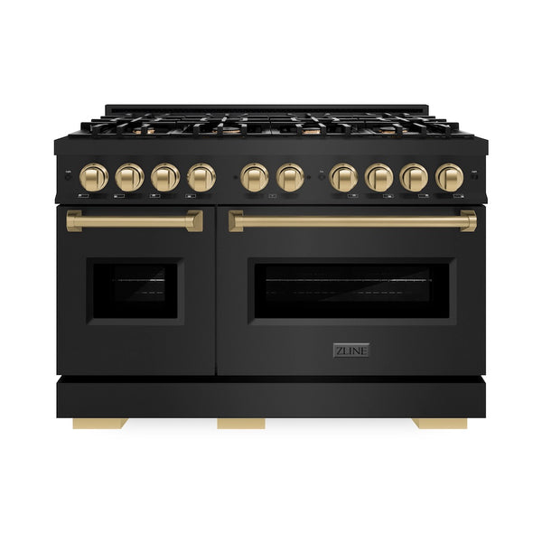 ZLINE Autograph Edition 48 in. 6.7 cu. ft. Classic Double Oven Gas Range with 8 Burner Cooktop in Black Stainless Steel and Champagne Bronze Accents, Open Box-Great Condition