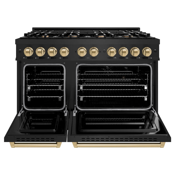 ZLINE Autograph Edition 48 in. 6.7 cu. ft. Classic Double Oven Gas Range with 8 Burner Cooktop in Black Stainless Steel and Champagne Bronze Accents, Open Box-Great Condition