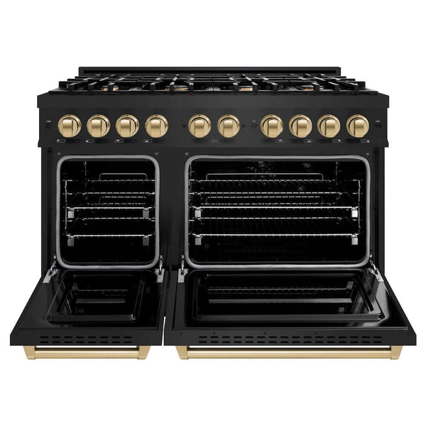 ZLINE Autograph Edition 48 in. 6.7 cu. ft. Classic Double Oven Gas Range with 8 Burner Cooktop in Black Stainless Steel and Champagne Bronze Accents, Open Box-Good Condition