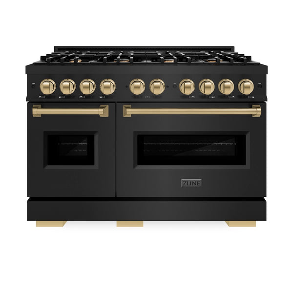 ZLINE Autograph Edition 48 in. 6.7 cu. ft. Classic Double Oven Gas Range with 8 Burner Cooktop in Black Stainless Steel and Champagne Bronze Accents, Open Box-Great Condition
