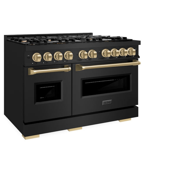 ZLINE Autograph Edition 48 in. 6.7 cu. ft. Classic Double Oven Gas Range with 8 Burner Cooktop in Black Stainless Steel and Champagne Bronze Accents, Open Box-Great Condition