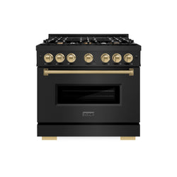 ZLINE Autograph Edition 36 in. 5.2 cu. ft. Classic Gas Range with 6 Burner Cooktop and Convection Gas Oven in Black Stainless Steel and Champagne Bronze Accents (CGRBZ-36-CB)