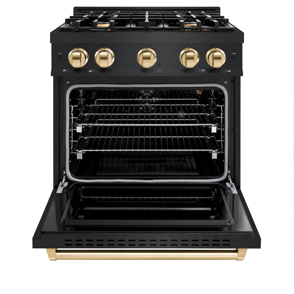 ZLINE Autograph Edition 30 in. 4.2 cu. ft. Classic Gas Range with 4 Burner Cooktop and Convection Gas Oven in Black Stainless Steel and Polished Gold Accents, Open Box-Great Condition