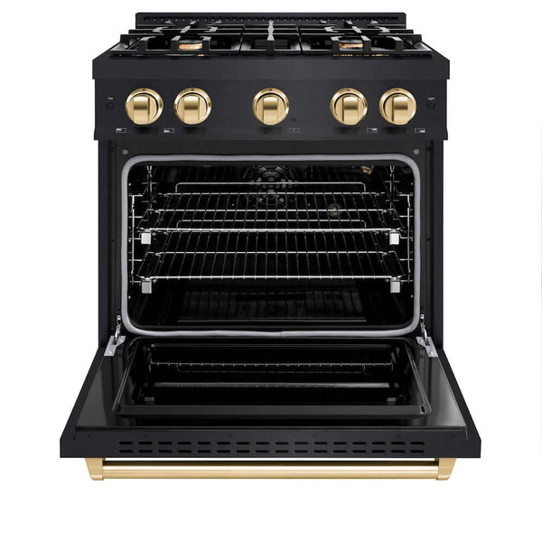 ZLINE Autograph Edition 30 in. 4.2 cu. ft. Classic Gas Range with 4 Burner Cooktop and Convection Gas Oven in Black Stainless Steel and Polished Gold Accents, Open Box-Good Condition