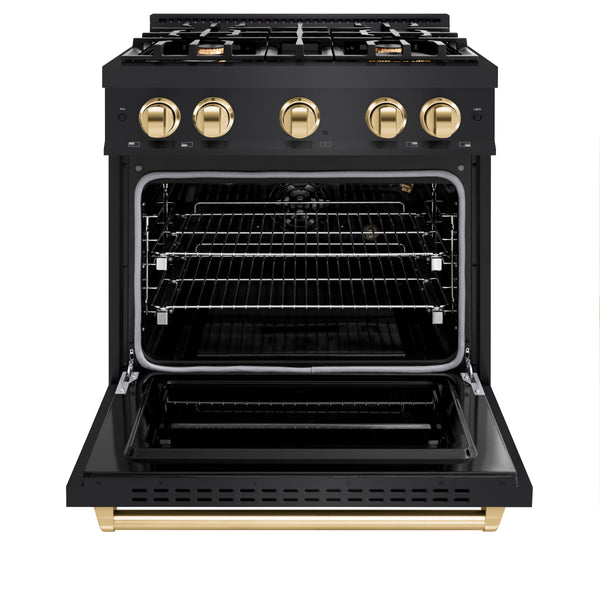 ZLINE Autograph Edition 30 in. 4.2 cu. ft. Classic Gas Range with 4 Burner Cooktop and Convection Gas Oven in Black Stainless Steel and Polished Gold Accents (CGRBZ-30-G)