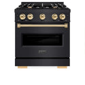 ZLINE Autograph Edition 30 in. 4.2 cu. ft. Classic Gas Range with 4 Burner Cooktop and Convection Gas Oven in Black Stainless Steel and Polished Gold Accents, Open Box-Good Condition