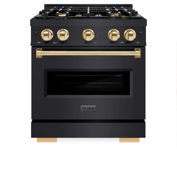 ZLINE Autograph Edition 30 in. 4.2 cu. ft. Classic Gas Range with 4 Burner Cooktop and Convection Gas Oven in Black Stainless Steel and Polished Gold Accents, Open Box-Good Condition
