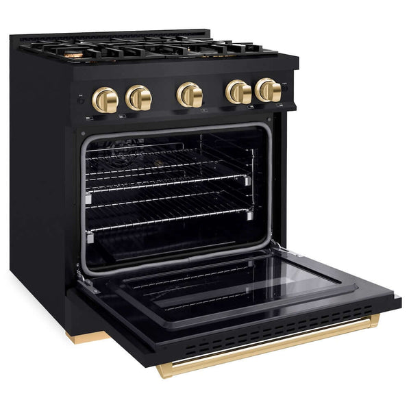 ZLINE Autograph Edition 30 in. 4.2 cu. ft. Classic Gas Range with 4 Burner Cooktop and Convection Gas Oven in Black Stainless Steel and Polished Gold Accents, Open Box-Good Condition