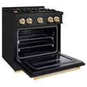 ZLINE Autograph Edition 30 in. 4.2 cu. ft. Classic Gas Range with 4 Burner Cooktop and Convection Gas Oven in Black Stainless Steel and Polished Gold Accents, Open Box-Great Condition