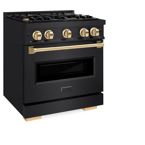 ZLINE Autograph Edition 30 in. 4.2 cu. ft. Classic Gas Range with 4 Burner Cooktop and Convection Gas Oven in Black Stainless Steel and Polished Gold Accents (CGRBZ-30-G)