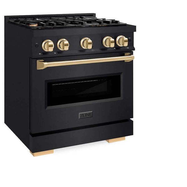 ZLINE Autograph Edition 30 in. 4.2 cu. ft. Classic Gas Range with 4 Burner Cooktop and Convection Gas Oven in Black Stainless Steel and Polished Gold Accents, Open Box-Good Condition