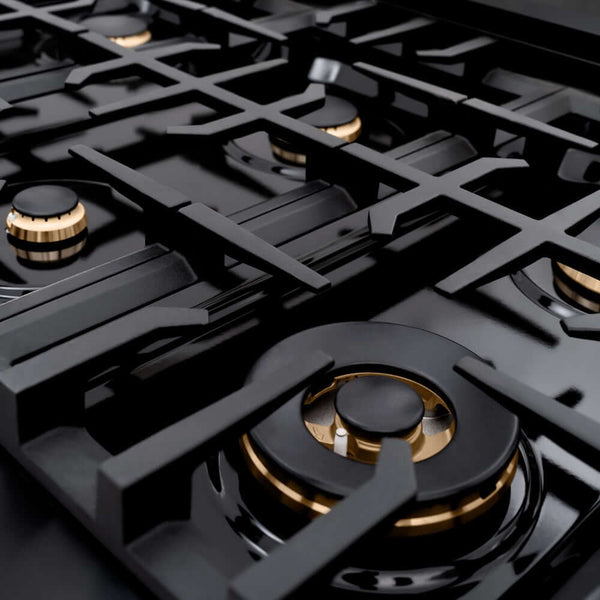ZLINE Autograph Edition 36 in. 5.2 cu. ft. Classic Gas Range with 6 Burner Cooktop and Convection Gas Oven in Black Stainless Steel and Polished Gold Accents, Open Box-Good Condition