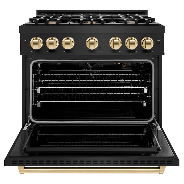 ZLINE Autograph Edition 36 in. 5.2 cu. ft. Classic Gas Range with 6 Burner Cooktop and Convection Gas Oven in Black Stainless Steel and Polished Gold Accents, Open Box-Great Condition