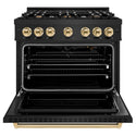 ZLINE Autograph Edition 36 in. 5.2 cu. ft. Classic Gas Range with 6 Burner Cooktop and Convection Gas Oven in Black Stainless Steel and Polished Gold Accents (CGRBZ-36-G)