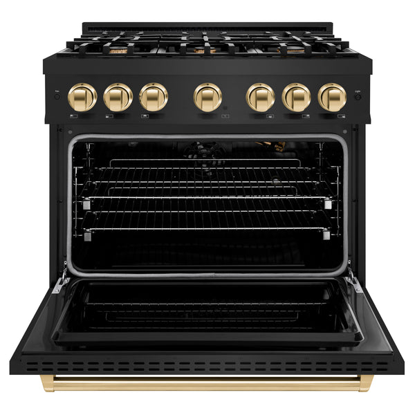 ZLINE Autograph Edition 36 in. 5.2 cu. ft. Classic Gas Range with 6 Burner Cooktop and Convection Gas Oven in Black Stainless Steel and Polished Gold Accents (CGRBZ-36-G)