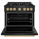 ZLINE Autograph Edition 36 in. 5.2 cu. ft. Classic Gas Range with 6 Burner Cooktop and Convection Gas Oven in Black Stainless Steel and Polished Gold Accents, Open Box-Good Condition