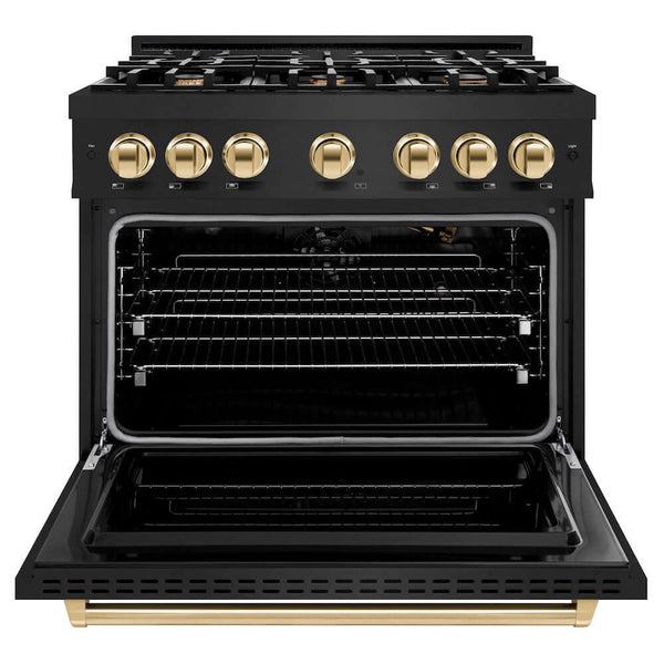 ZLINE Autograph Edition 36 in. 5.2 cu. ft. Classic Gas Range with 6 Burner Cooktop and Convection Gas Oven in Black Stainless Steel and Polished Gold Accents, Open Box-Good Condition