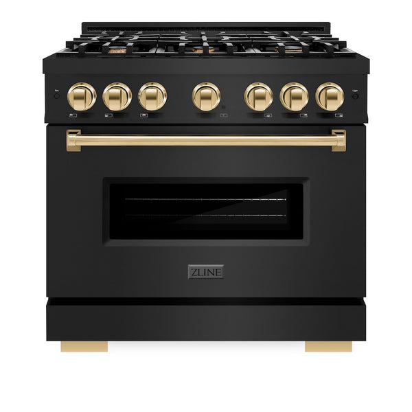 ZLINE Autograph Edition 36 in. 5.2 cu. ft. Classic Gas Range with 6 Burner Cooktop and Convection Gas Oven in Black Stainless Steel and Polished Gold Accents, Open Box-Great Condition