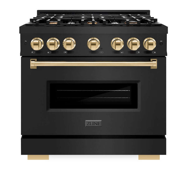 ZLINE Autograph Edition 36 in. 5.2 cu. ft. Classic Gas Range with 6 Burner Cooktop and Convection Gas Oven in Black Stainless Steel and Polished Gold Accents, Open Box-Good Condition