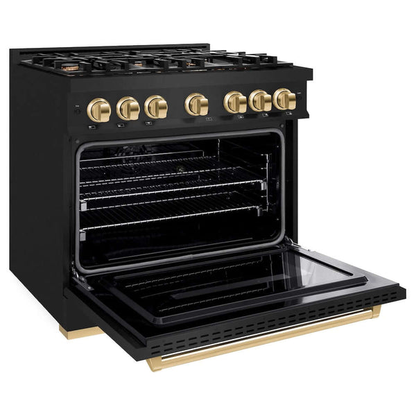 ZLINE Autograph Edition 36 in. 5.2 cu. ft. Classic Gas Range with 6 Burner Cooktop and Convection Gas Oven in Black Stainless Steel and Polished Gold Accents, Open Box-Good Condition