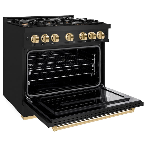 ZLINE Autograph Edition 36 in. 5.2 cu. ft. Classic Gas Range with 6 Burner Cooktop and Convection Gas Oven in Black Stainless Steel and Polished Gold Accents, Open Box-Great Condition