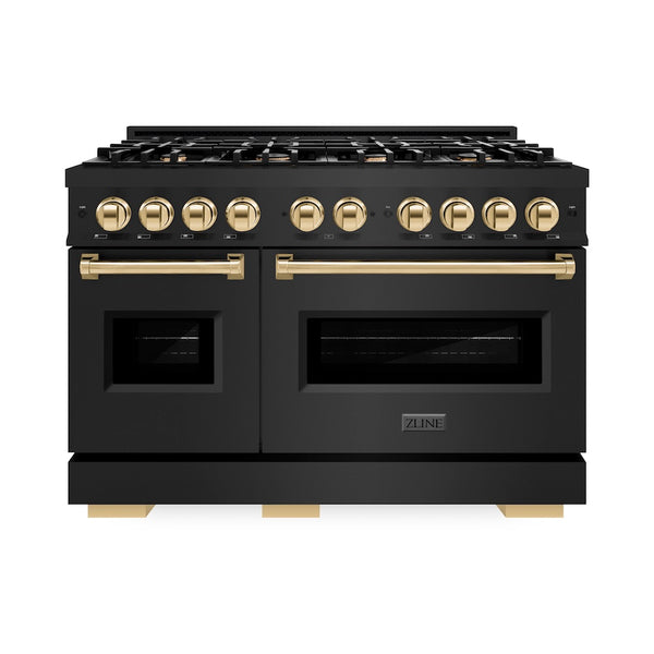 ZLINE Autograph Edition 48 in. 6.7 cu. ft. Classic Double Oven Gas Range with 8 Burner Cooktop in Black Stainless Steel and Polished Gold Accents, Open Box-Great Condition