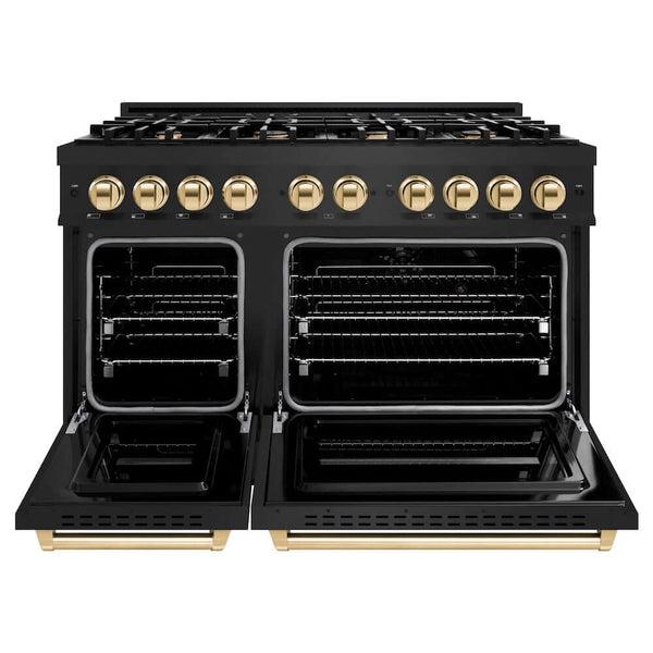 ZLINE Autograph Edition 48 in. 6.7 cu. ft. Classic Double Oven Gas Range with 8 Burner Cooktop in Black Stainless Steel and Polished Gold Accents, Open Box-Good Condition