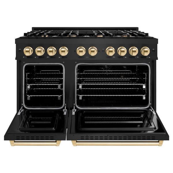 ZLINE Autograph Edition 48 in. 6.7 cu. ft. Classic Double Oven Gas Range with 8 Burner Cooktop in Black Stainless Steel and Polished Gold Accents, Open Box-Great Condition