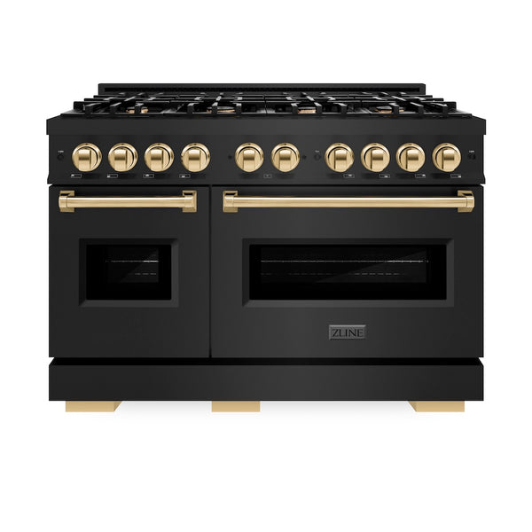 ZLINE Autograph Edition 48 in. 6.7 cu. ft. Classic Double Oven Gas Range with 8 Burner Cooktop in Black Stainless Steel and Polished Gold Accents, Open Box-Great Condition