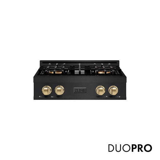ZLINE Autograph Edition 30 in. Classic Gas Rangetop with 4 Burner DuoPro™ Cooktop in Black Stainless Steel and Champagne Bronze Accents, Open Box-Great Condition