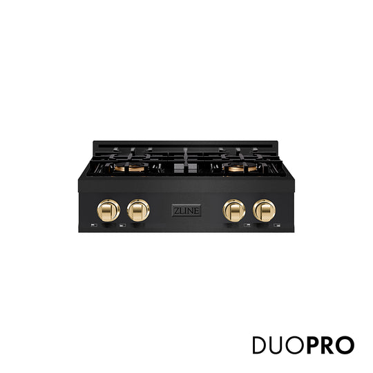 ZLINE Autograph Edition 30 in. Classic Gas Rangetop with 4 Burner DuoPro™ Cooktop in Black Stainless Steel and Polished Gold Accents (PCRTBZ-30-G)