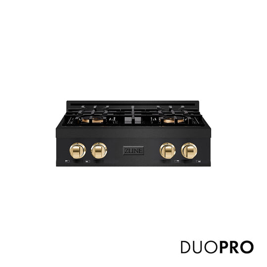 ZLINE Autograph Edition 30 in. Classic Gas Rangetop with 4 Burner DuoPro™ Cooktop in Black Stainless Steel and Polished Gold Accents, Open Box-Good Condition