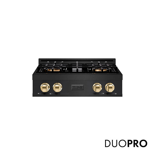 ZLINE Autograph Edition 30 in. Classic Gas Rangetop with 4 Burner DuoPro™ Cooktop in Black Stainless Steel and Polished Gold Accents, Open Box-Great Condition