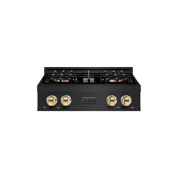 ZLINE Autograph Edition 30 in. Classic Gas Rangetop with 4 Burner DuoPro™ Cooktop in Black Stainless Steel and Polished Gold Accents, Open Box-Great Condition