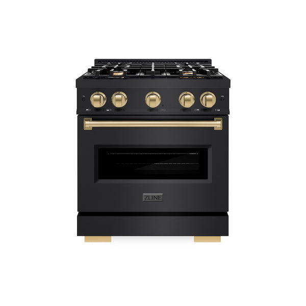 ZLINE Autograph Edition 30 in. 4.2 cu. ft. Classic Dual Fuel Range with 4 Burner Gas Cooktop and Electric Convection Oven in Black Stainless Steel with Champagne Bronze Accents, Open Box-Great Condition