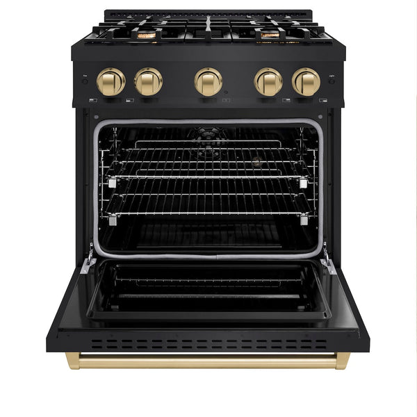 ZLINE Autograph Edition 30 in. 4.2 cu. ft. Classic Dual Fuel Range with 4 Burner Gas Cooktop and Electric Convection Oven in Black Stainless Steel with Champagne Bronze Accents, Open Box-Good Condition