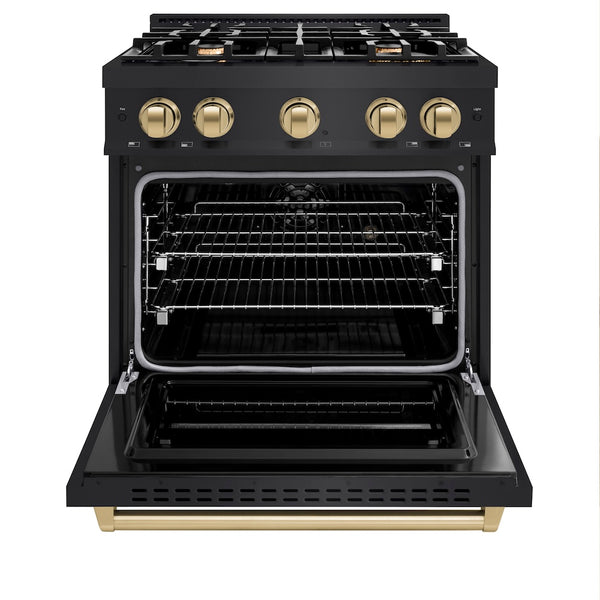 ZLINE Autograph Edition 30 in. 4.2 cu. ft. Classic Dual Fuel Range with 4 Burner Gas Cooktop and Electric Convection Oven in Black Stainless Steel with Champagne Bronze Accents, Open Box-Great Condition