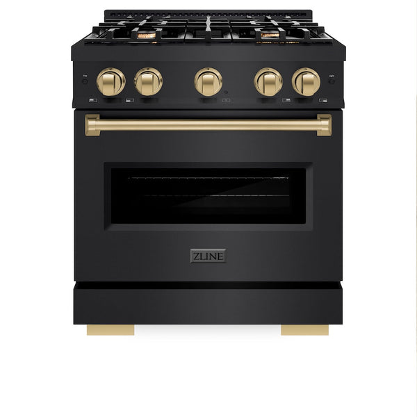 ZLINE Autograph Edition 30 in. 4.2 cu. ft. Classic Dual Fuel Range with 4 Burner Gas Cooktop and Electric Convection Oven in Black Stainless Steel with Champagne Bronze Accents, Open Box-Good Condition