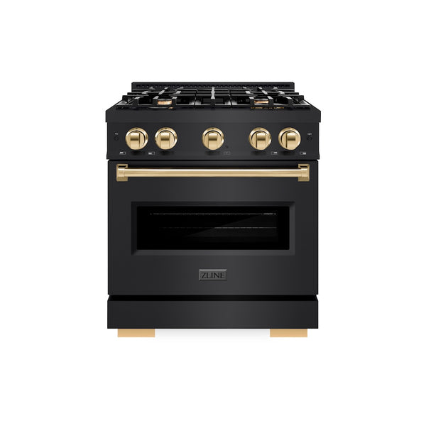ZLINE Autograph Edition 30 in. 4.2 cu. ft. Classic Dual Fuel Range with 4 Burner Gas Cooktop and Electric Convection Oven in Black Stainless Steel with Polished Gold Accents, Open Box-Great Condition