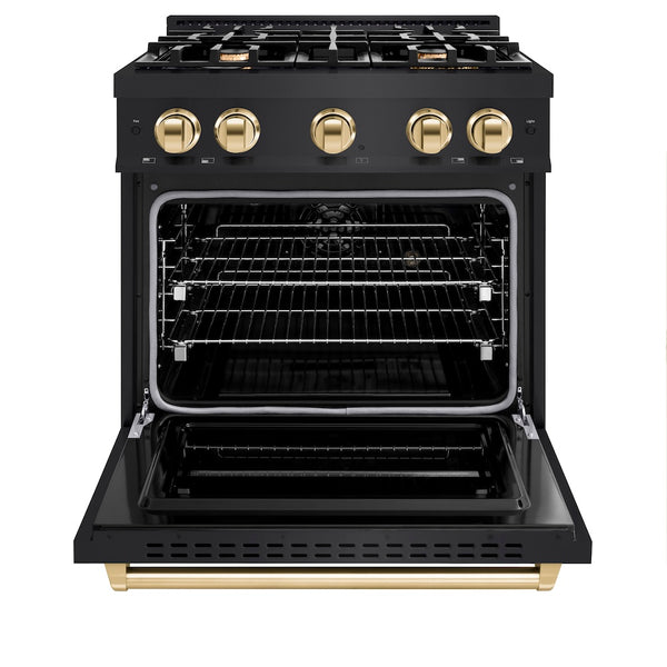 ZLINE Autograph Edition 30 in. 4.2 cu. ft. Classic Dual Fuel Range with 4 Burner Gas Cooktop and Electric Convection Oven in Black Stainless Steel with Polished Gold Accents, Open Box-Great Condition