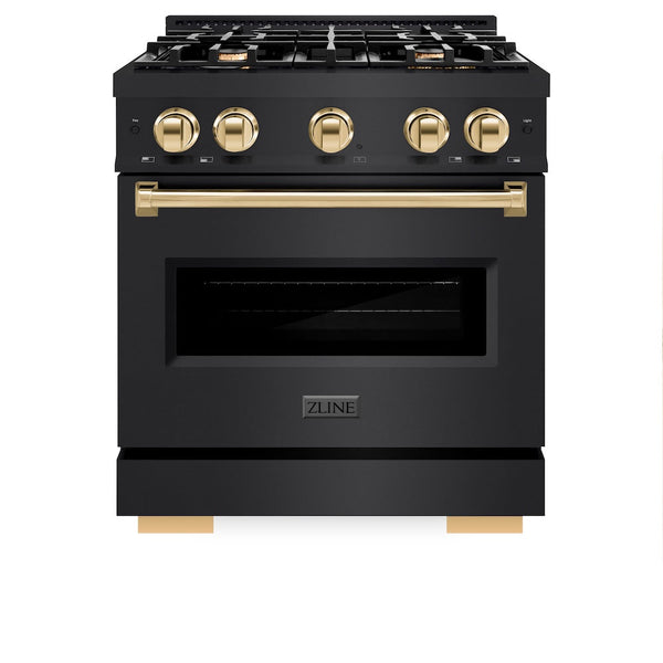 ZLINE Autograph Edition 30 in. 4.2 cu. ft. Classic Dual Fuel Range with 4 Burner Gas Cooktop and Electric Convection Oven in Black Stainless Steel with Polished Gold Accents, Open Box-Good Condition